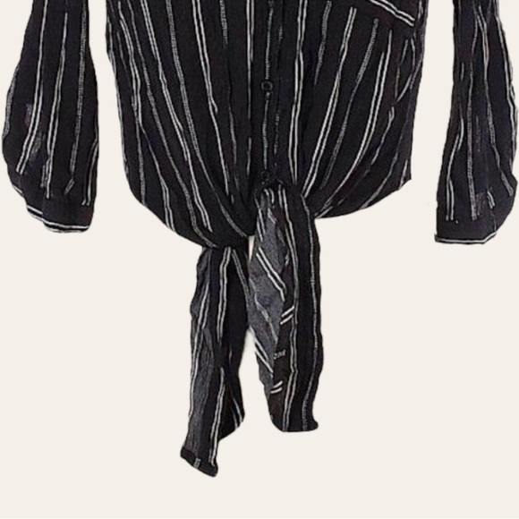 🌺 Vixbe Thompkins 3/4 Sleeve Roll Tab Button Down Tie Front Stripe Shirt Size S - Picture 5 of 9